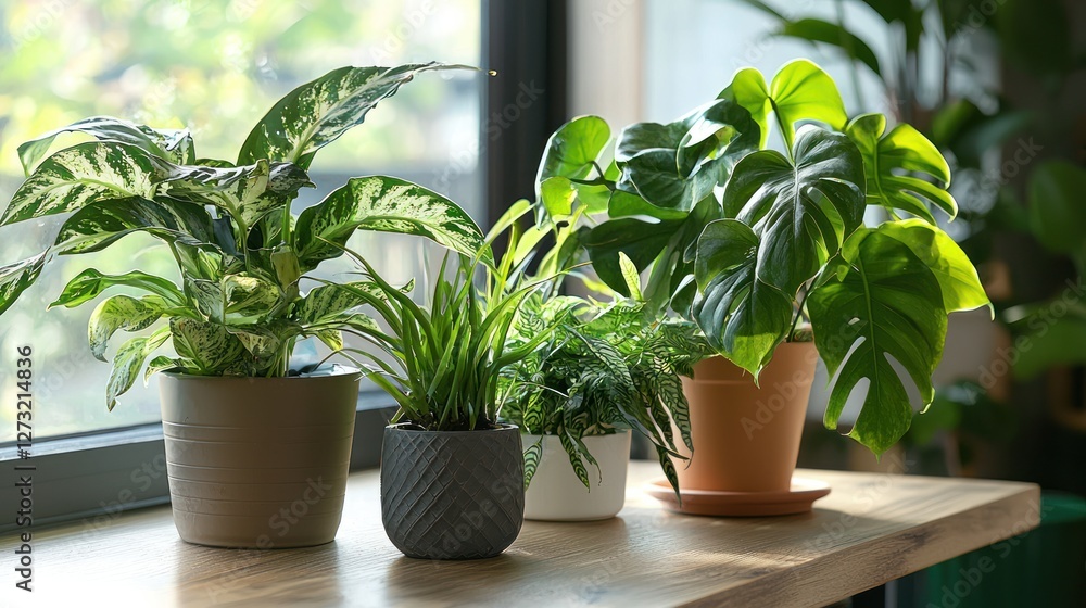 A modern office desk with a small collection of indoor plants A modern office desk with a small collection of indoor plants