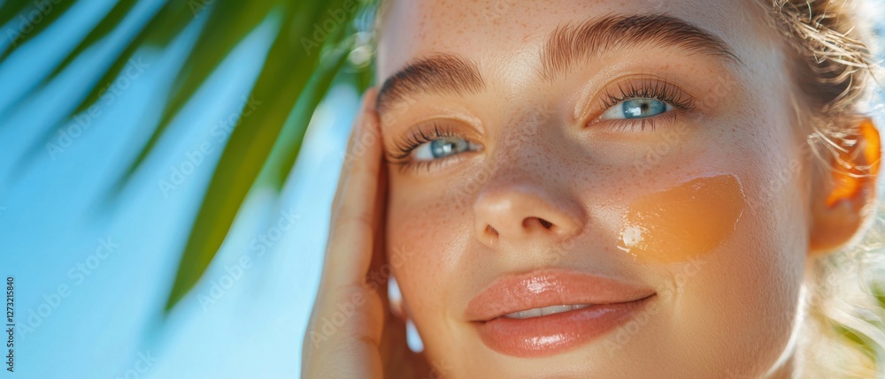 Woman applying broad-spectrum sunscreen to her face to protect her skin and maintain a radiant, healthy complexion during outdoor summer activities and vacations. Woman applying broad-spectrum sunscreen to her face to protect her skin and maintain a radiant, healthy complexion during outdoor summer activities and vacations.