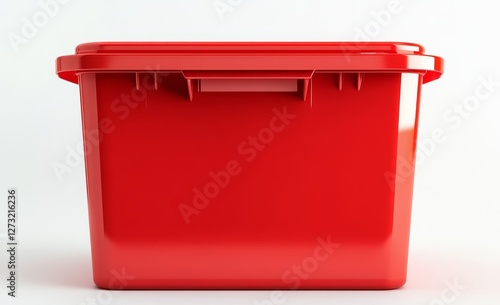 Red plastic storage container with lid, isolated on white background.