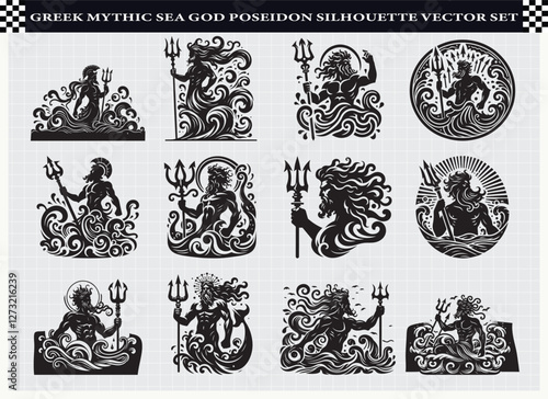 Greek Mythic Sea God Poseidon Silhouette Vector Set