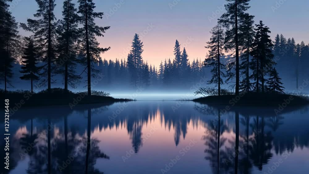 Serene twilight over a tranquil lake surrounded by towering pine trees and soft mist in a forested landscape