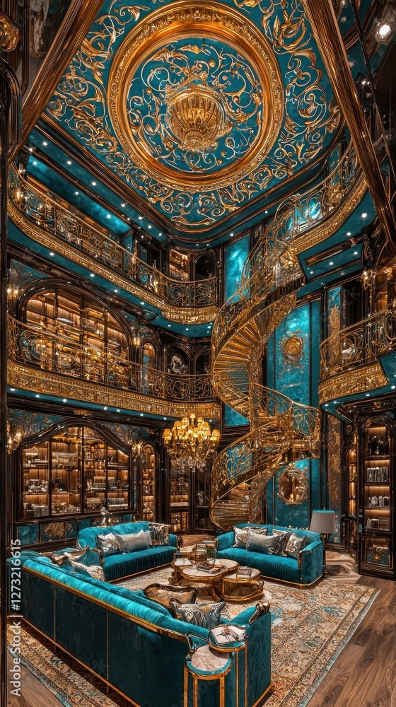 Obraz premium Luxurious interior of a grand library with ornate decor and spiral staircase