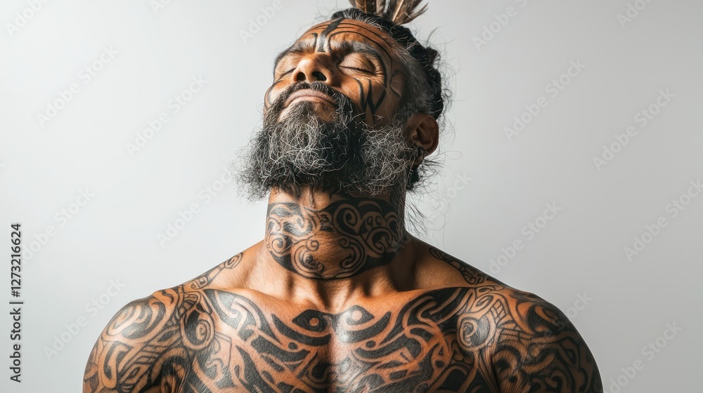 Obraz premium A MÄori god, like Tangaroa, portrayed with traditional tattoos and a spiritual aura on a white background.