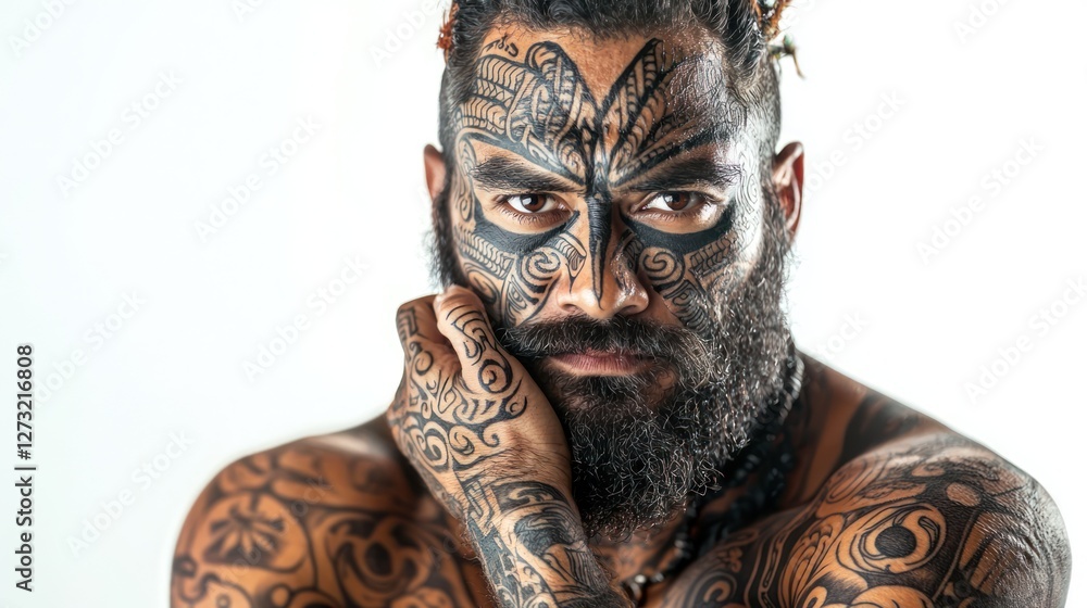A MÄori god, like Tangaroa, portrayed with traditional tattoos and a spiritual aura on a white background. A MÄori god, like Tangaroa, portrayed with traditional tattoos and a spiritual aura on a white background.