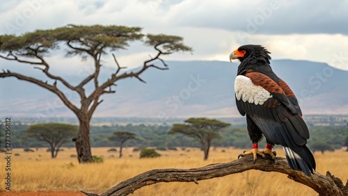 Bateleur Eagle Perched in Tsavo West, Majestic and Commanding as It Stands Over the African Landscape