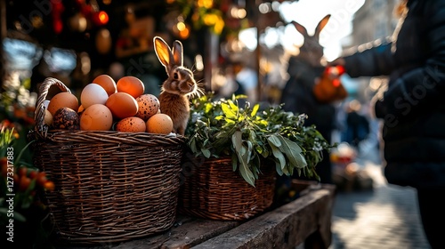 Easter Market Display Basket of Eggs with Bunny in Krakow Square photo