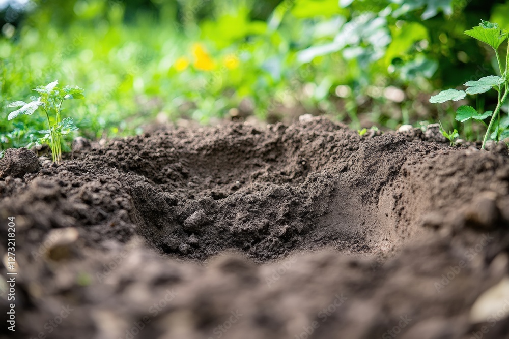 Freshly dug garden bed hole ready for planting in sunny outdoor space. Generative AI Freshly dug garden bed hole ready for planting in sunny outdoor space. Generative AI