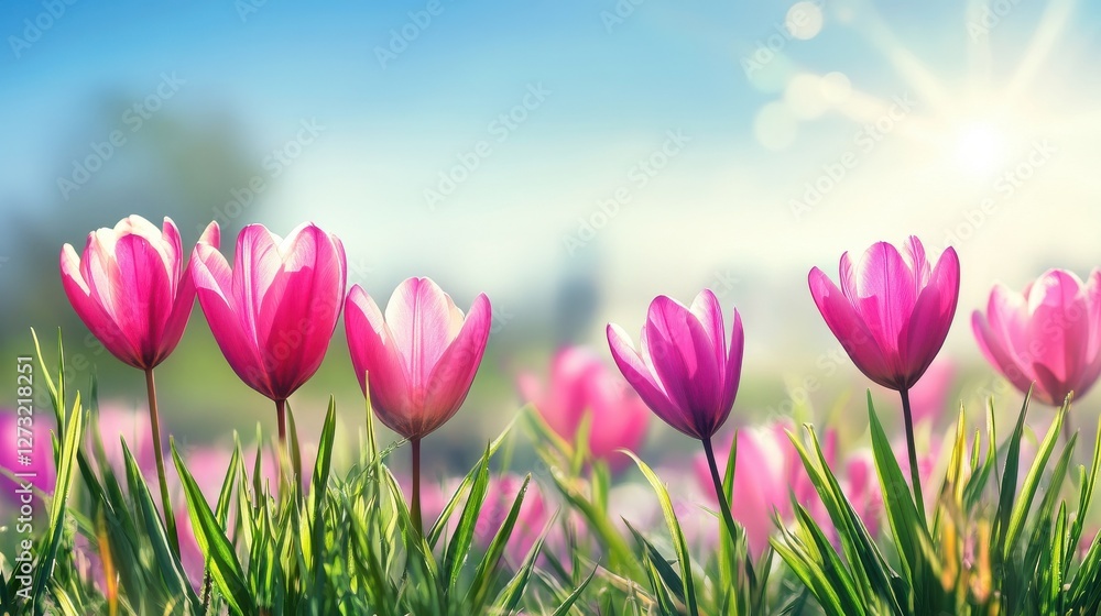 Obraz premium Pink spring flowers on a meadow, blurry sunlight background