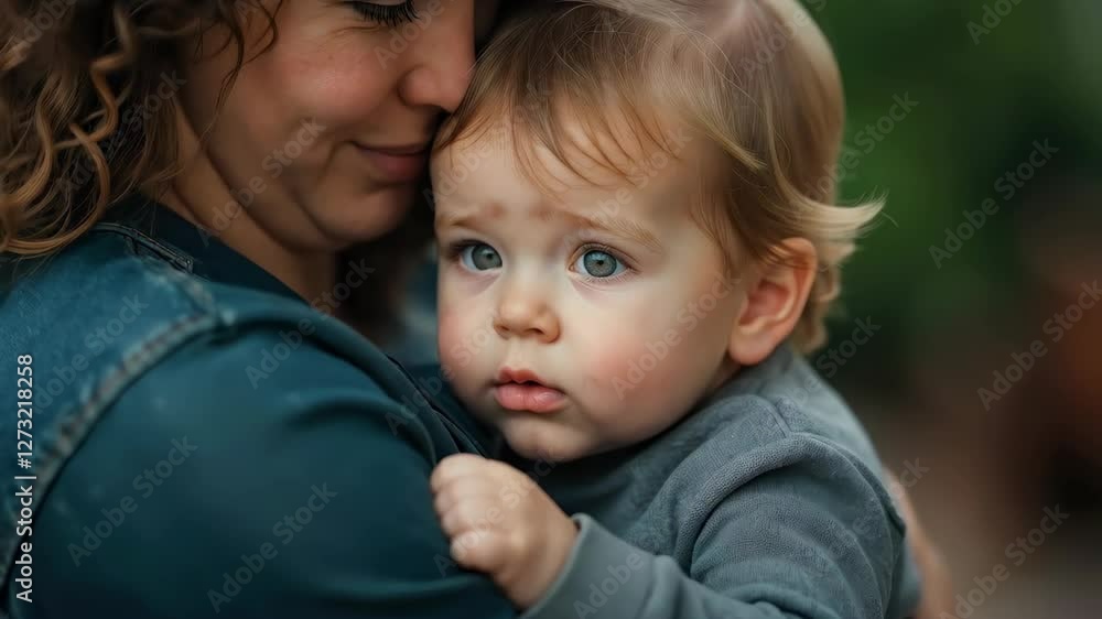 Beautiful woman hug her cute baby close, showcasing a tender moment of love and connection. Mother hug child. Beautiful woman hug her cute baby close, showcasing a tender moment of love and connection. Mother hug child.