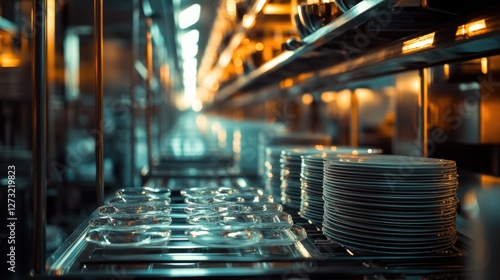 Stacks of Clean Plates and Bowls on Metal Rack in Restaurant Kitchen