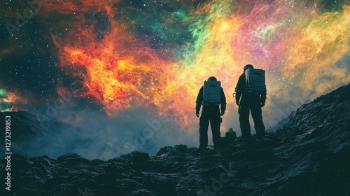 Two astronauts stand on a rocky mountain, gazing at a vibrant cosmic nebula. The vast, colorful space backdrop enhances the sense of discovery and exploration. Generative AI