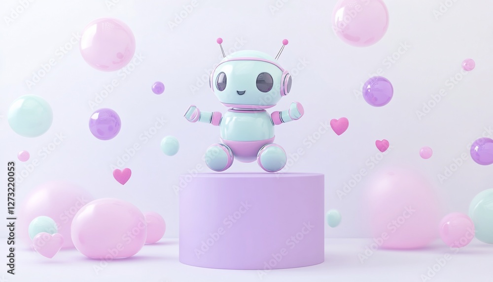 Cute pastel robot on purple platform with floating hearts and bubbles. Cute pastel robot on purple platform with floating hearts and bubbles.