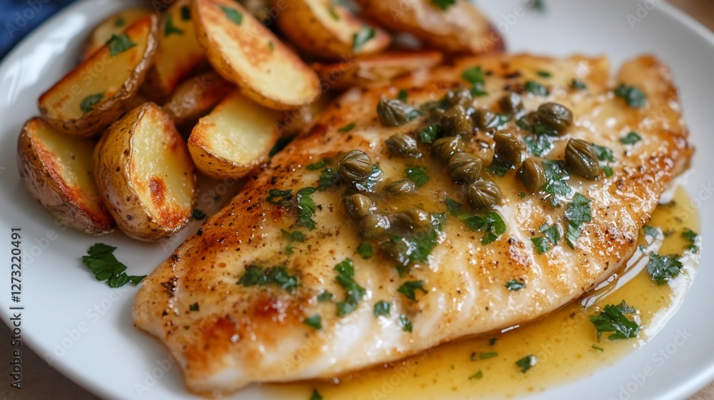 Pan-seared fish fillet with caper sauce and roasted potato wedges on a white plate. Pan-seared fish fillet with caper sauce and roasted potato wedges on a white plate.