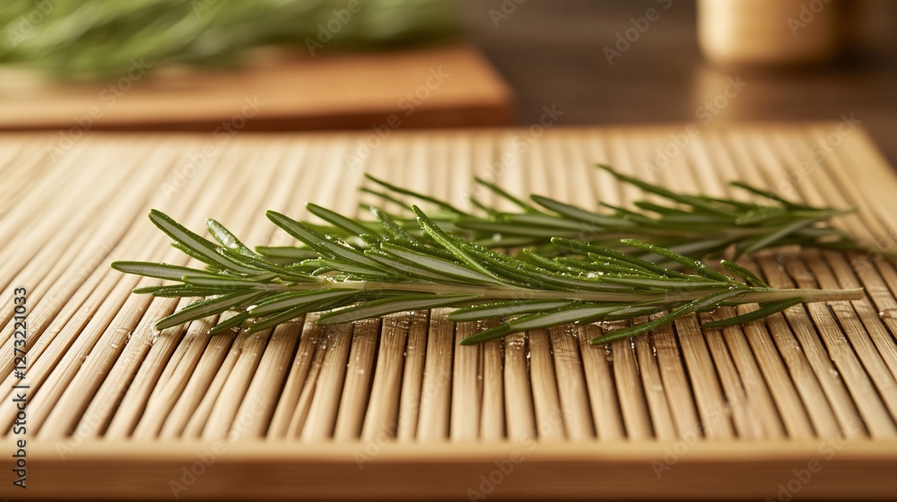 Fresh rosemary sprigs on a bamboo surface. Fresh rosemary sprigs on a bamboo surface.