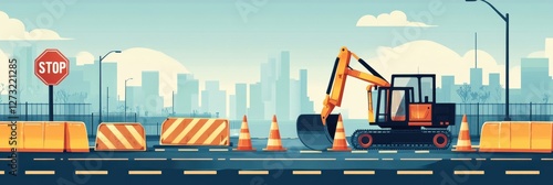 Illustration of a construction vehicle operating at a city roadwork site