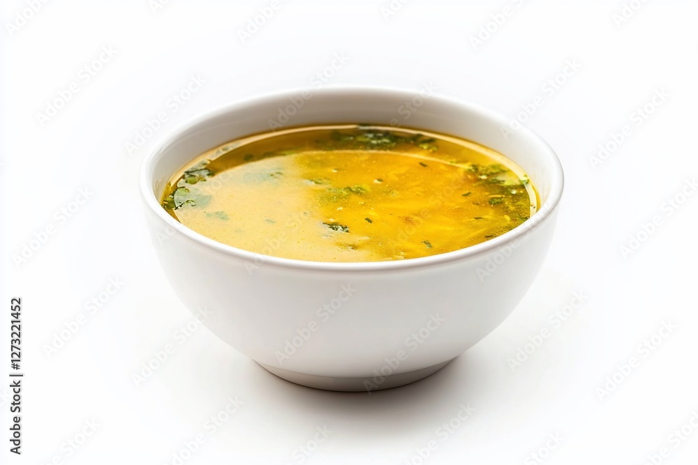 A bowl of chicken noodle soup with herbs. A bowl of chicken noodle soup with herbs.
