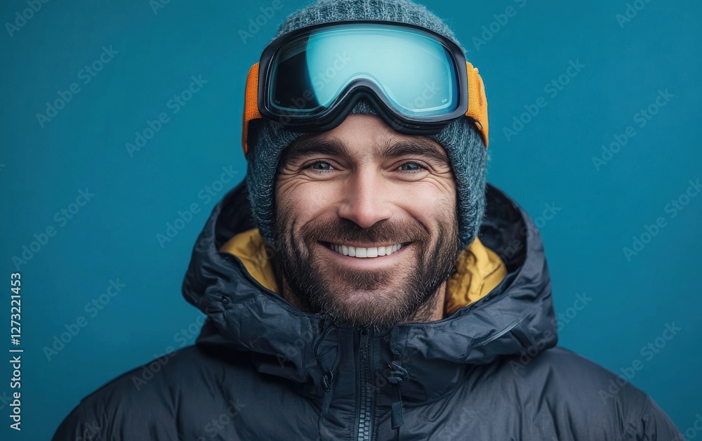 Happy man in winter gear smiling with arms raised in celebration Happy man in winter gear smiling with arms raised in celebration