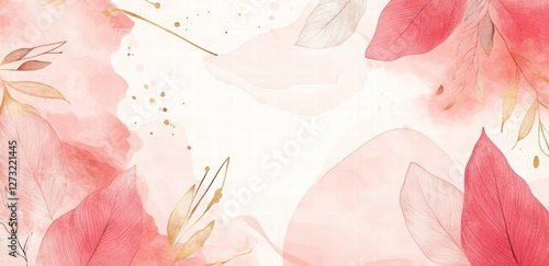 Abstract art background, watercolor pink and gold leaves on a beige background, golden line drawing and pink leaves, watercolor splash