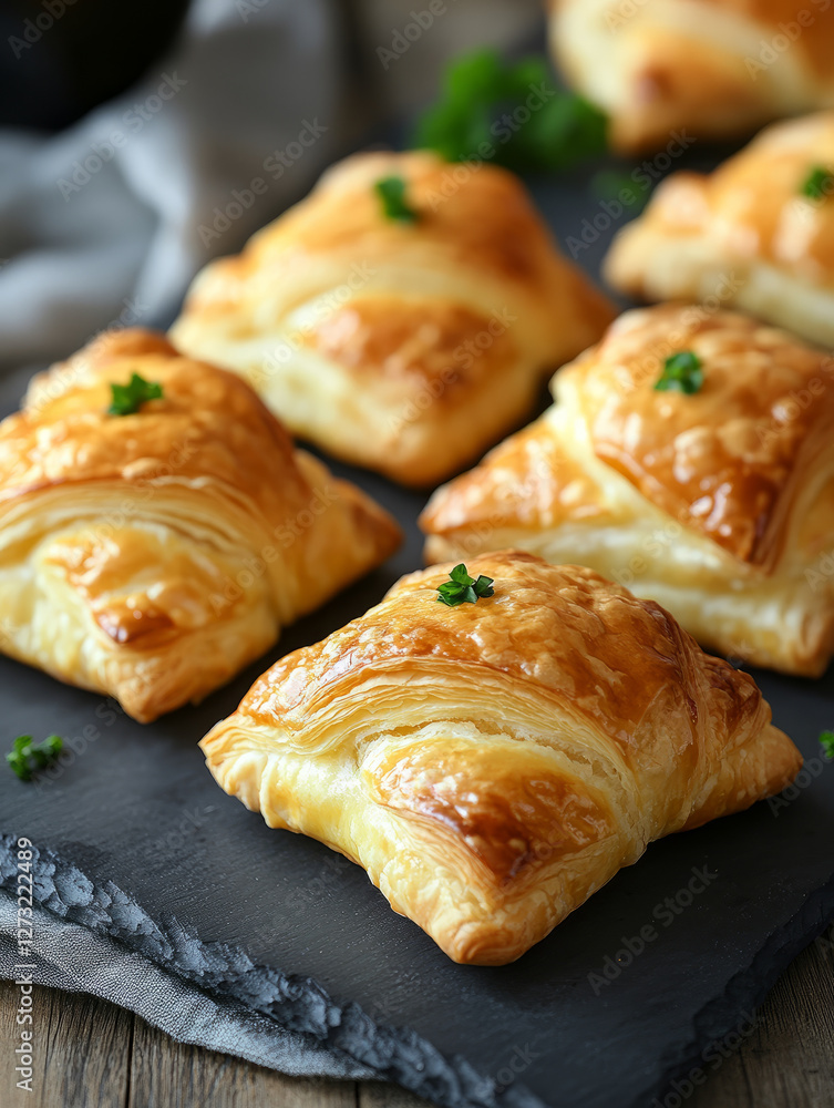 Golden brown puff pastries with herbs on slate. Golden brown puff pastries with herbs on slate.
