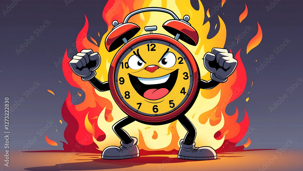 Obraz premium Cartoon Alarm Clock Character with Flames – Expressive and Lively Illustration of a Determined Clock in Motion, Roaring Fire Symbolizing Urgency and Countdown to the Last Few Ticking Seconds