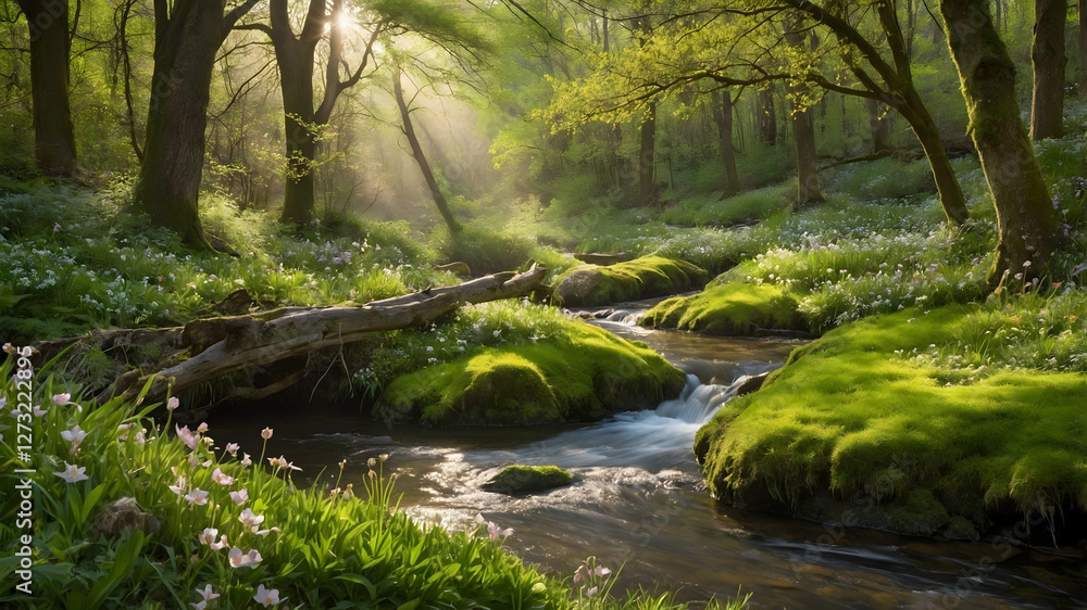 Fototapeta premium Serene stream flows through sun-dappled forest, lush green moss, wildflowers. Magical, peaceful nature scene.