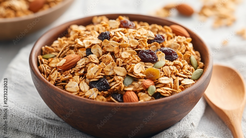 Homemade granola with oats, almonds, raisins, and pumpkin seeds in a wooden bowl. Homemade granola with oats, almonds, raisins, and pumpkin seeds in a wooden bowl.