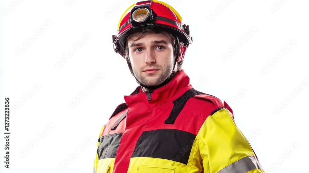 Fototapeta premium A paramedic in a red and yellow uniform, wearing a helmet and standing in readiness on a white background.