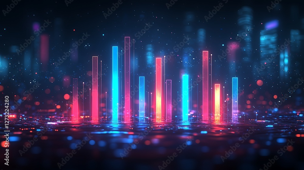 Obraz premium A geometric graph icon with ascending bars, glowing in neon blue, set against a dark background, with sharp spotlighting highlighting key data points, focused and dynamic feel
