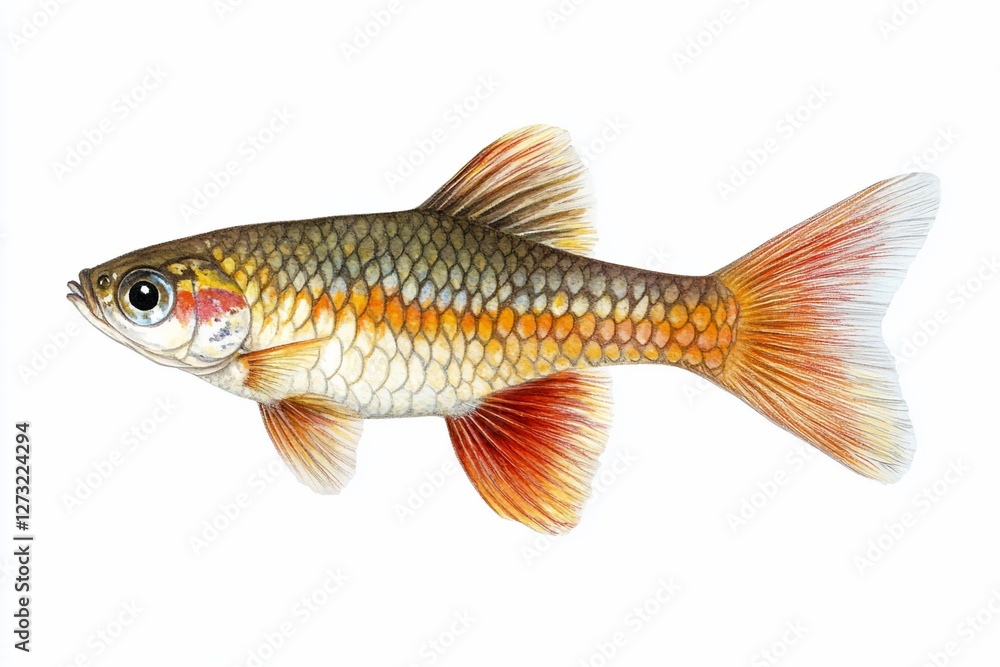 Detailed illustration of a small, colorful fish with orange and red fins against a white background. Detailed illustration of a small, colorful fish with orange and red fins against a white background.