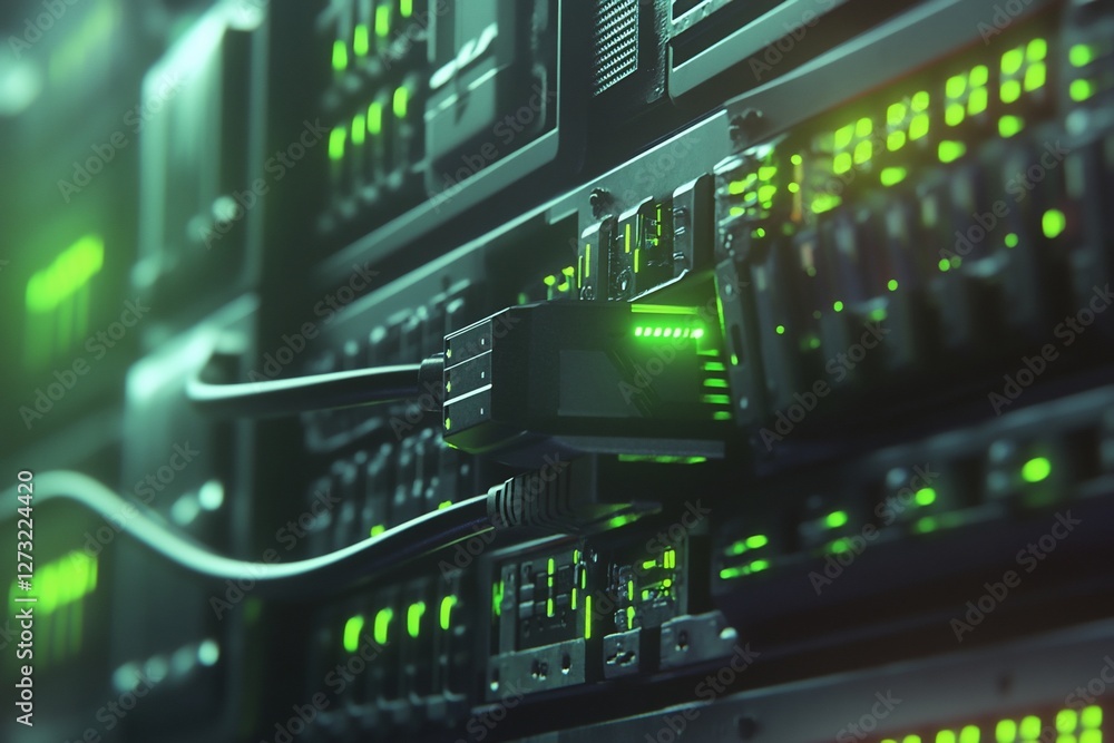 Close-up of server rack with glowing green lights and cables, showcasing technological infrastructure. Close-up of server rack with glowing green lights and cables, showcasing technological infrastructure.