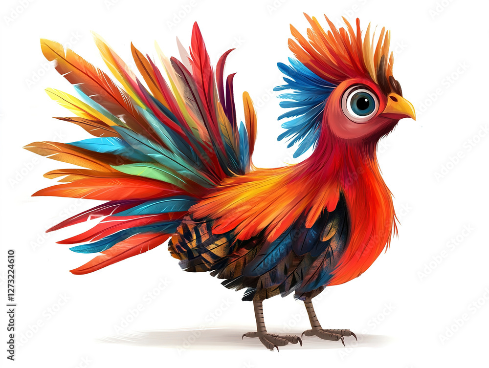 Fototapeta premium Playful cartoon turkey flaunting vivid, multi-colored feathers, isolated on a clean white background.