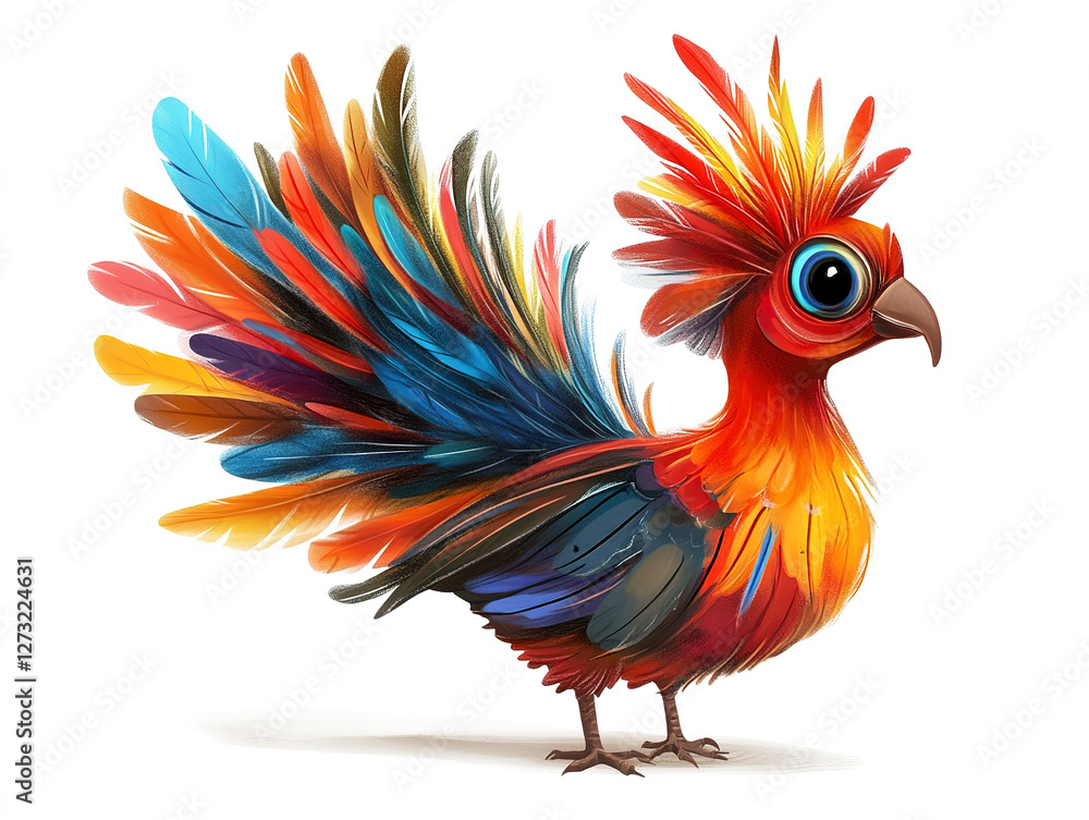 Fototapeta premium Playful cartoon turkey flaunting vivid, multi-colored feathers, isolated on a clean white background.