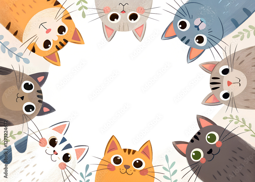 Obraz premium Colorful cartoon cats gather in a cheerful circle surrounded by leaves for a playful and friendly gathering during the bright afternoon