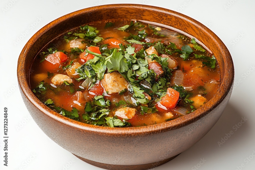 Delicious hearty chicken and vegetable soup in a rustic wooden bowl. Delicious hearty chicken and vegetable soup in a rustic wooden bowl.