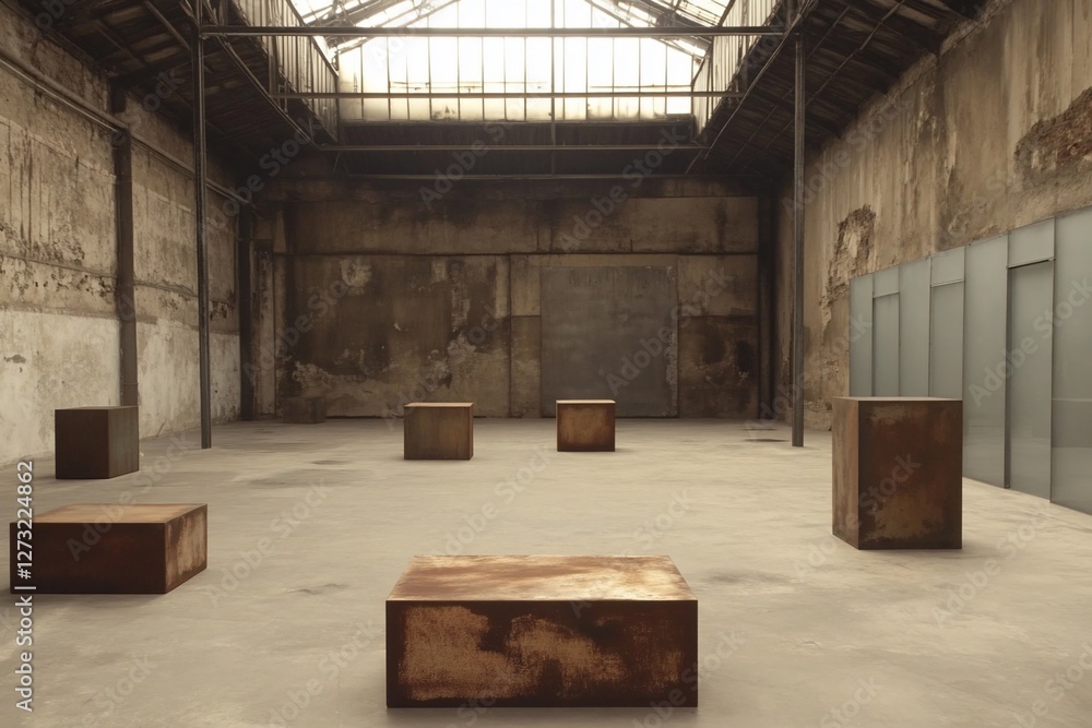Rusty metal cubes in a large, empty industrial space with high ceilings and exposed brick walls.