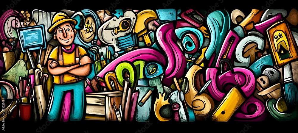 Fototapeta premium Colorful doodle art depicting a happy craftsman amidst a vibrant collection of tools and objects.