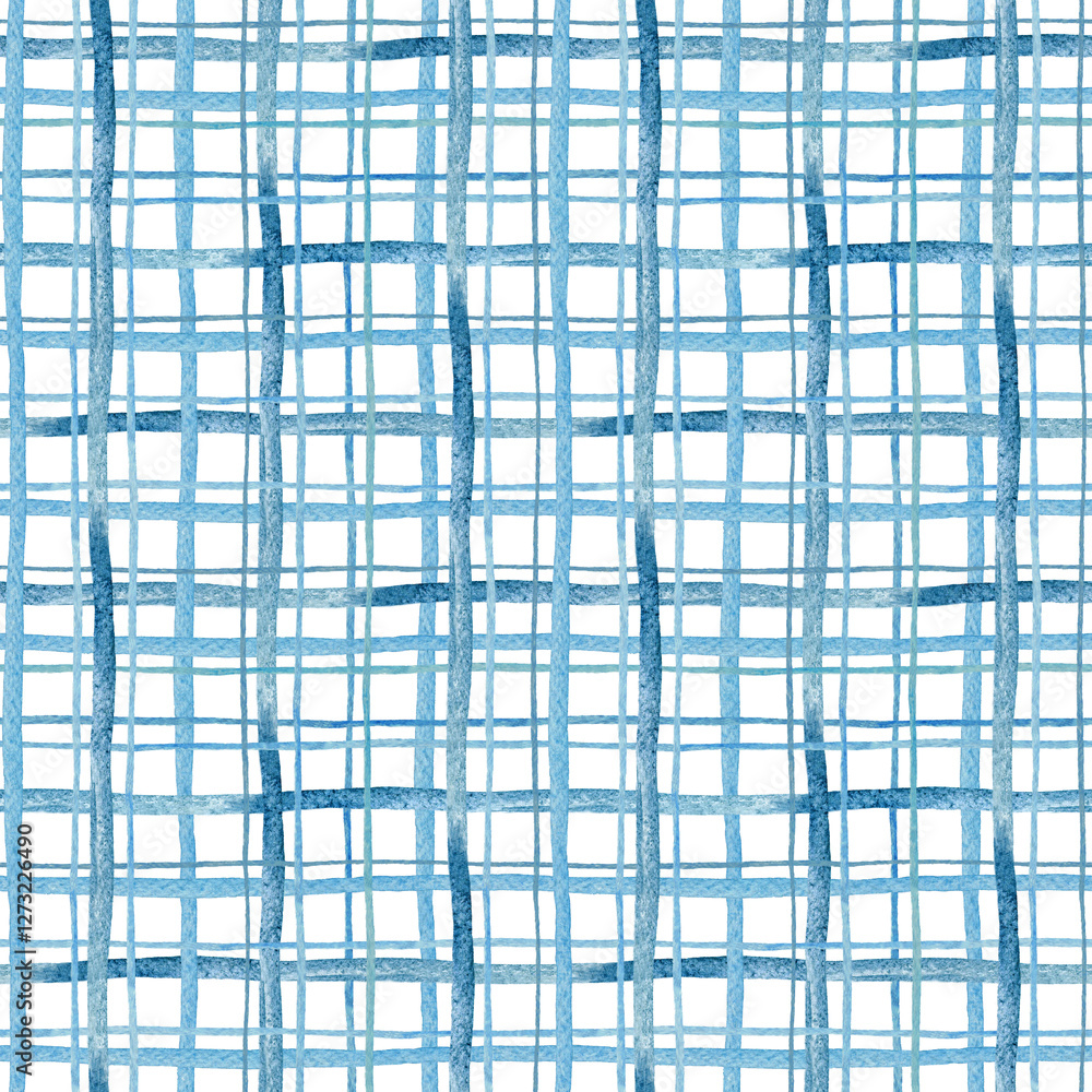 Seamless watercolor plaid pattern in blue tones. Hand-painted checkered design with organic lines, perfect for textiles, wallpapers, packaging, and creative projects. Modern yet classic aesthetic. Seamless watercolor plaid pattern in blue tones. Hand-painted checkered design with organic lines, perfect for textiles, wallpapers, packaging, and creative projects. Modern yet classic aesthetic.