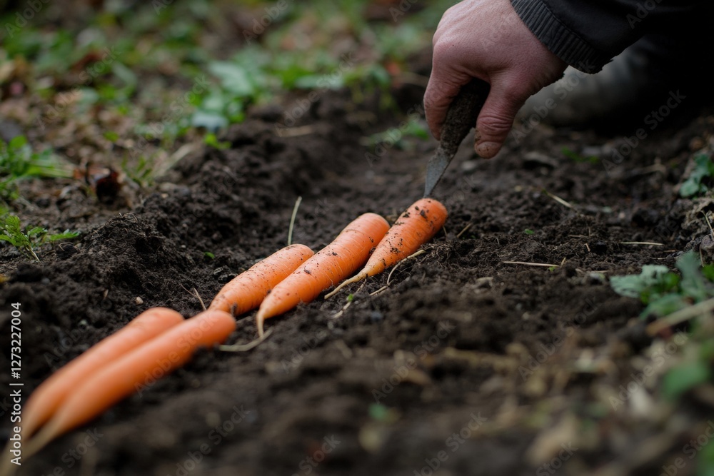Carrots being pulled from rich soil in a vegetable garden. Generative AI Carrots being pulled from rich soil in a vegetable garden. Generative AI