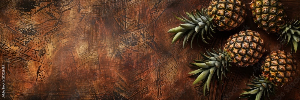 Obraz premium Fresh pineapples arranged on a textured surface with warm tones and artistic patterns. Place for text