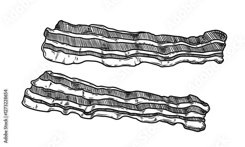 Bacon two crispy slices food illustration in the graphic line art style. Hand drawn outline element of breakfast meat meal. Perfect for menu creating and modern sketch designs.
