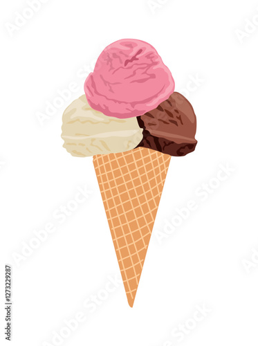 Ice cream in Waffle cone. Three scoops with different flavors. Colorful icecream balls strawberry, vanilla and chocolate. Vector realistic illustration isolated on transparent background.