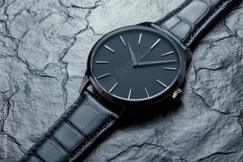 Wallpaper Mural Minimalistic black wristwatch with leather strap on textured stone surface. Time management and modern style concept Torontodigital.ca