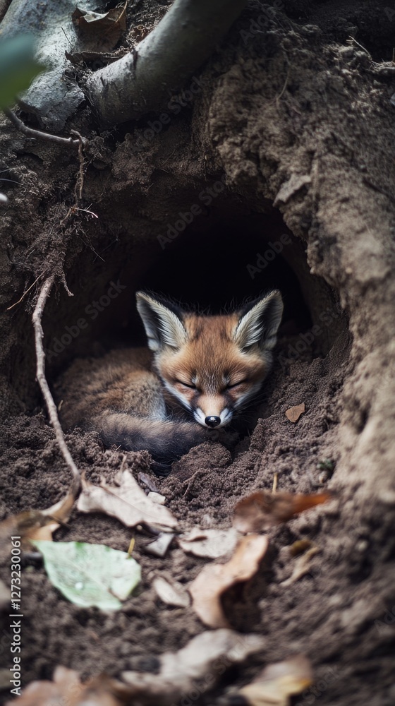 A cozy red fox nestled in its burrow. The fox sleeps peacefully among the earthy surroundings. This scene captures the beauty of wildlife in its natural habitat. Generative AI A cozy red fox nestled in its burrow. The fox sleeps peacefully among the earthy surroundings. This scene captures the beauty of wildlife in its natural habitat. Generative AI