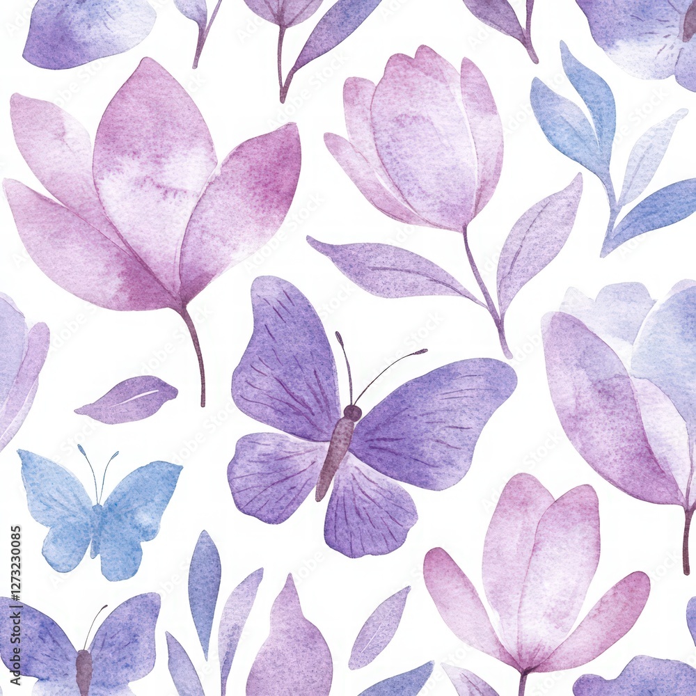 Fototapeta premium Watercolor floral pattern, pastel colors, lavender and teal leaves, butterflies, on a white background. tulips, lavender purple flowers, green leaves