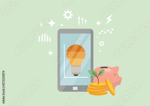 Smart Energy Investment Mobile Technology Savings Concept. smartphone displaying energy bulb, with coins, growing plant, and piggy bank, representing smart energy monitoring, sustainable investments