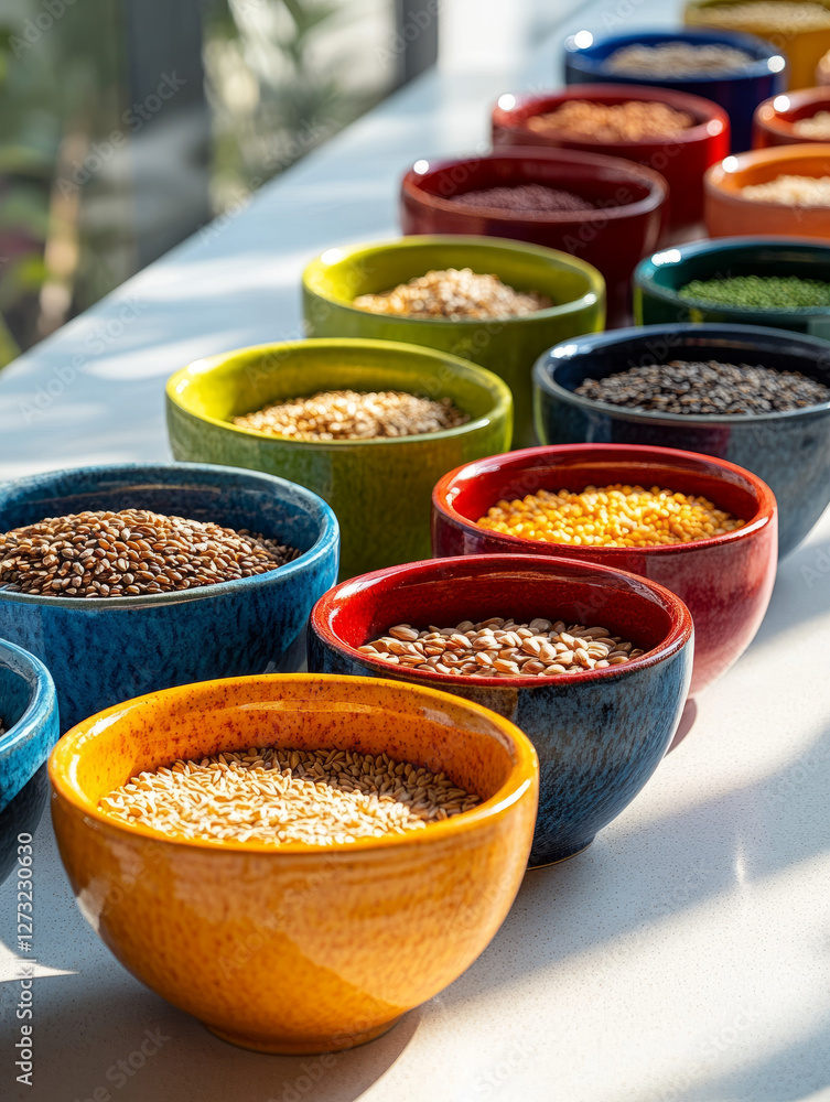 Fototapeta premium Multicolored bowls filled with various grains and seeds on a table.
