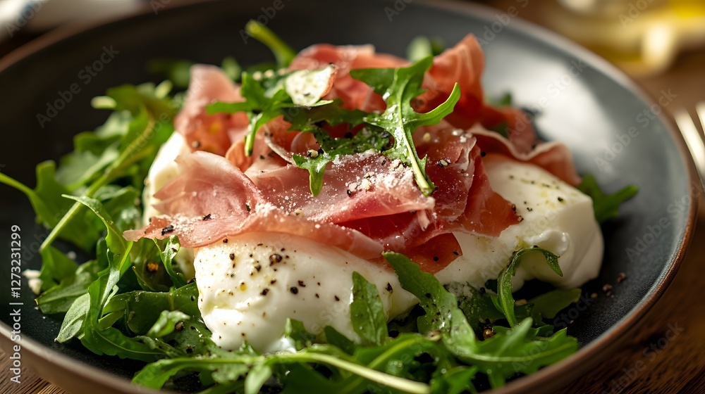 Artistic presentation of Burrata cheese with prosciutto and arugula, soft shadows Artistic presentation of Burrata cheese with prosciutto and arugula, soft shadows