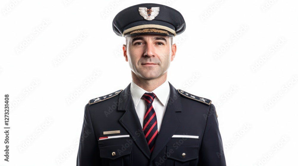 A pilot in a formal uniform with a tie and pilot’s cap, standing on a white background. A pilot in a formal uniform with a tie and pilot’s cap, standing on a white background.