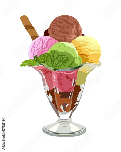 Ice cream in glass bowl. Four scoops with different flavors. Colorful icecream balls strawberry, vanilla, pistcchio and chocolate. Vector realistic illustration isolated