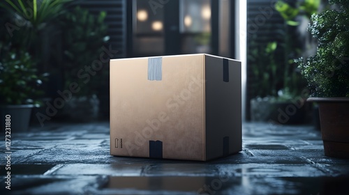 A delivery box sits on a patio, symbolizing online shopping and modern convenience in a serene outdoor setting. photo